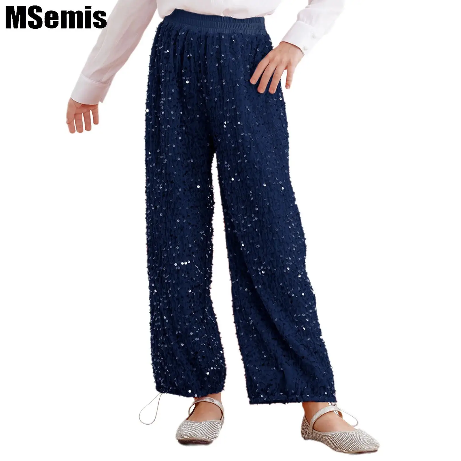 

Kids Girls Sequins Dance Pants Sparkly Velvet Pants Drawstring Bottom Wide-Leg Trousers for Christmas Jazz Stage Performance