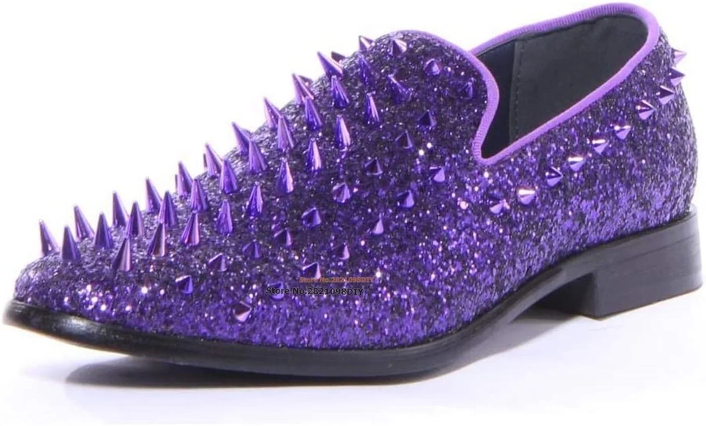 

Luxury Purple Spiked Slip On Men Loafer Shoes Super Stars Bling Sequins Banque Wedding Shoes Rivets Men Shoes Moccasins