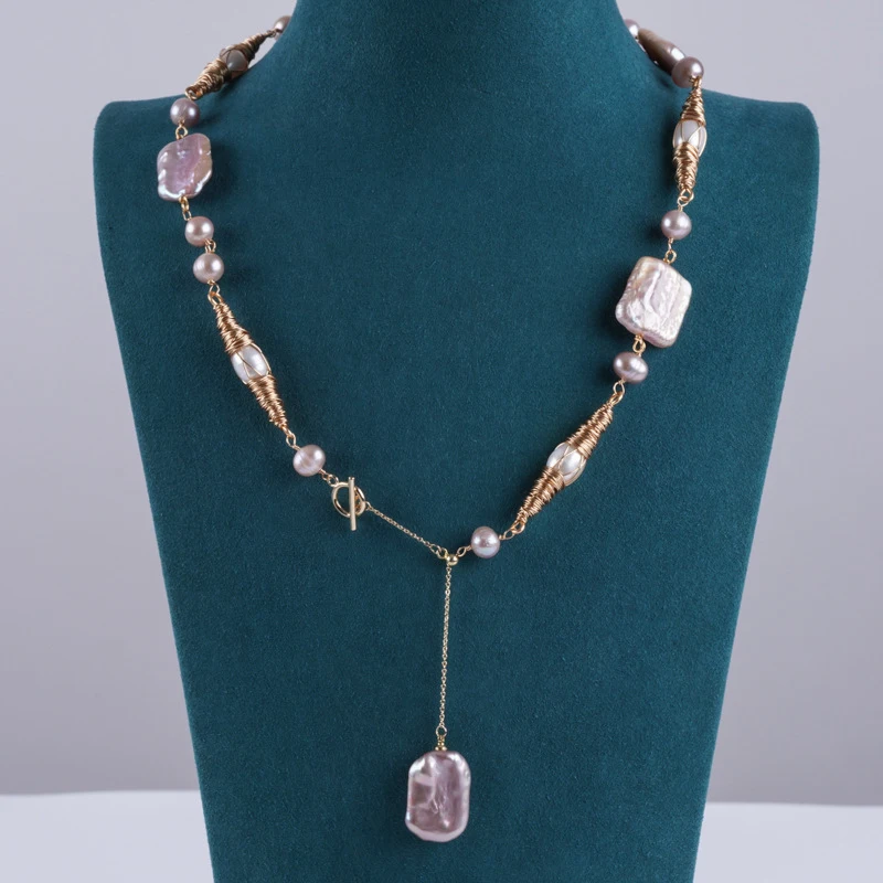 Baroque Pearl Necklace, Dazzling Purple Irregular-Shaped Freshwater Pearls, Wrapped Around Collarbone Chain Women