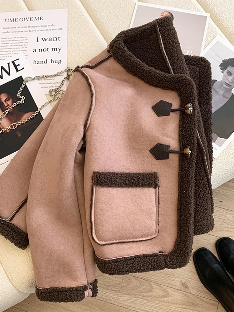 Women\'s Brown Faux Sheepskin Fake Leather Patchwork Jacket Parkas Thicken Warm Fleece Teddy Coat Vintage 2000s Winter Overcoat