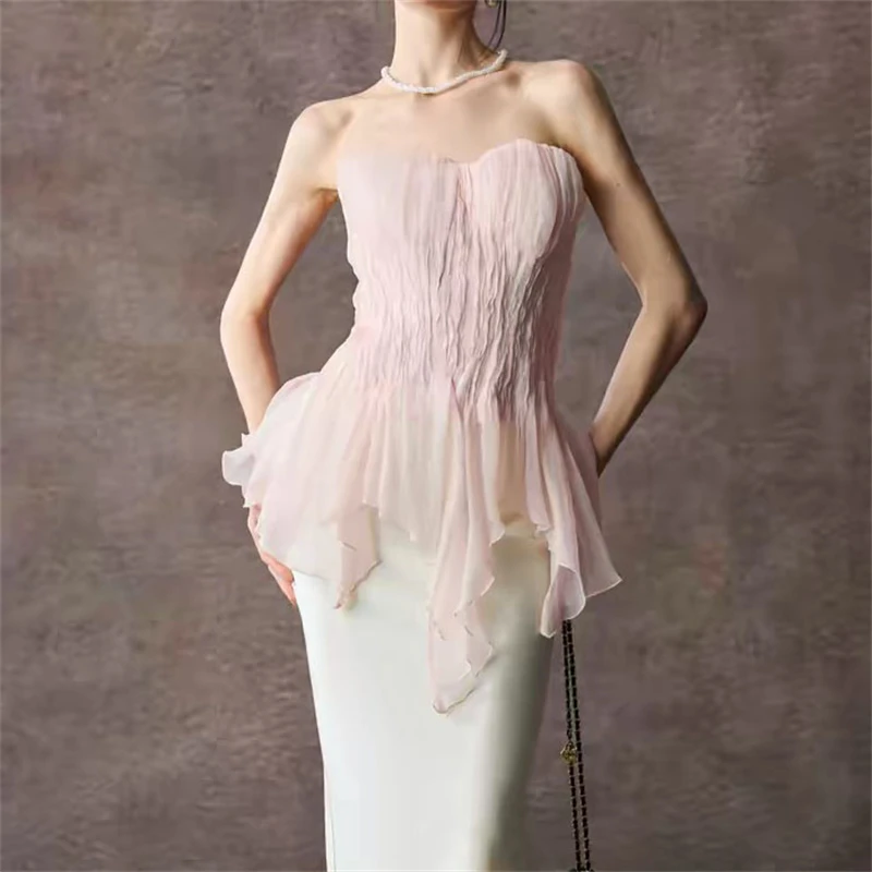 2026 Summer New Style High-Quality Mesh Fishbone Elastic IrregularStrapless Top for Women Fashionably Sexy Casual Party Wrap Top