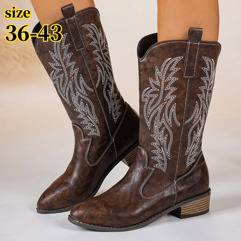 Women Western Boots,Suede Ankle Embroidered Low Heel High-top, Knee-high Festival Style Comfortable Daily Designer Casual Shoes