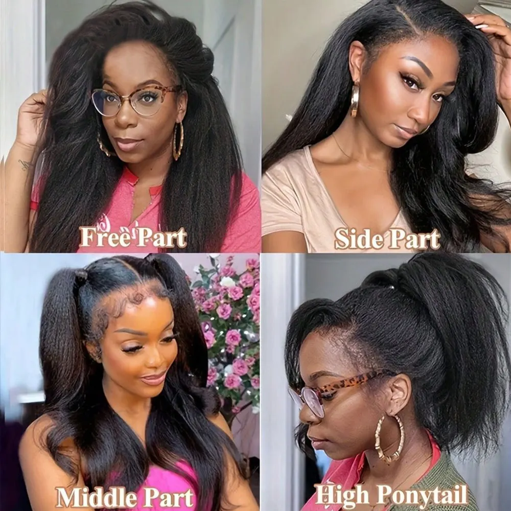 Perruque Lace Frontal Wig naturelle Yaki, cheveux crépus lisses, 13x6, Full HD, queue de cheval pre-plucked, 13x4, densité 250%
