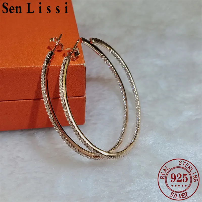 SENLISSI-18 K Cuff Hoop Earrings For Women 925 Sterling Silver Zircon Simple  Fine Cерьги Kольц  Wedding Statement Jewelry C0028