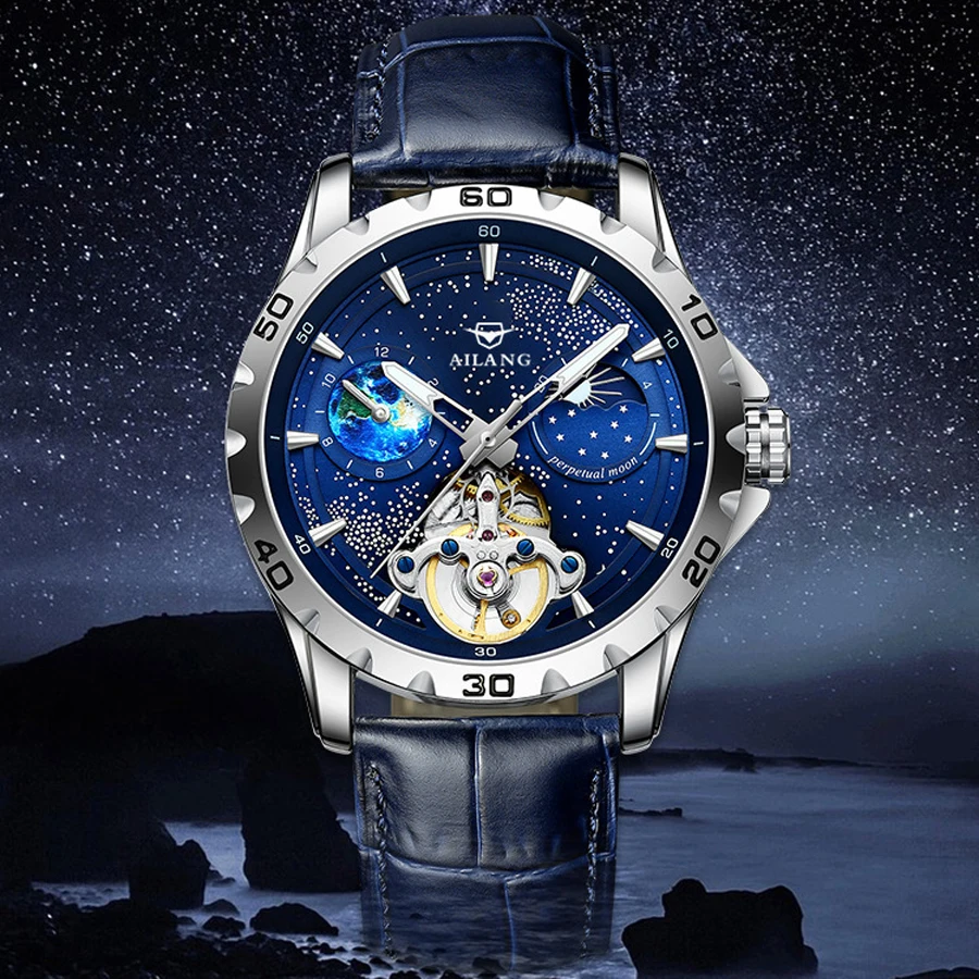

AILANG Brand Fashion Blue Starry Sky Mechanica Watch for Men Luxury Sapphire Leather Waterproof Luminous Mens