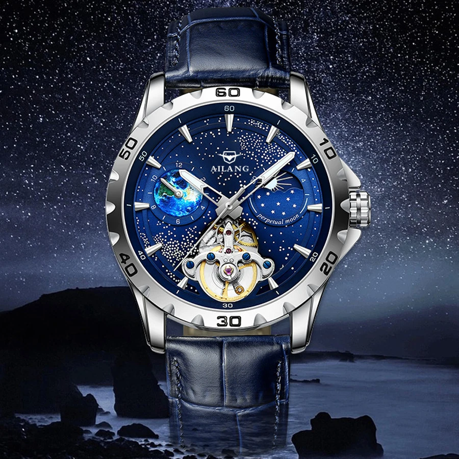 AILANG Brand Fashion Blue Starry Sky Mechanica Watch for Men Luxury Sapphire Leather Waterproof Luminous Mens