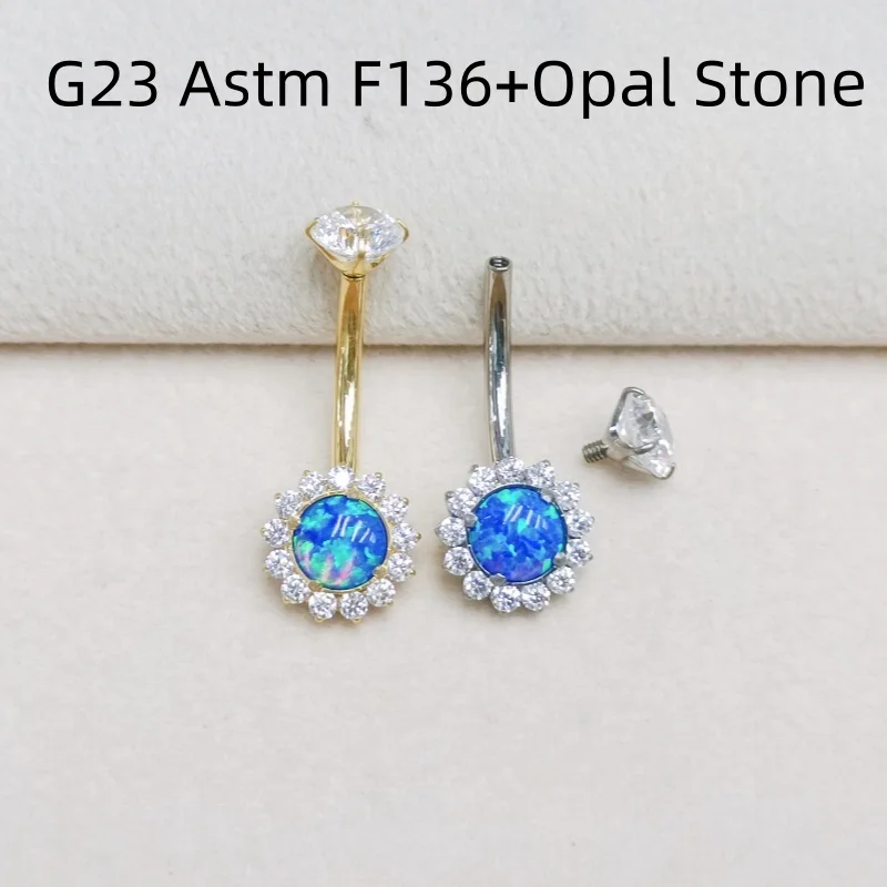 

10PCS Body Jewelry-G23 Titanium CZ Flowers Smart Opal Navel Belly Button Body Piercing 14G Navel Curve Barbells Belly