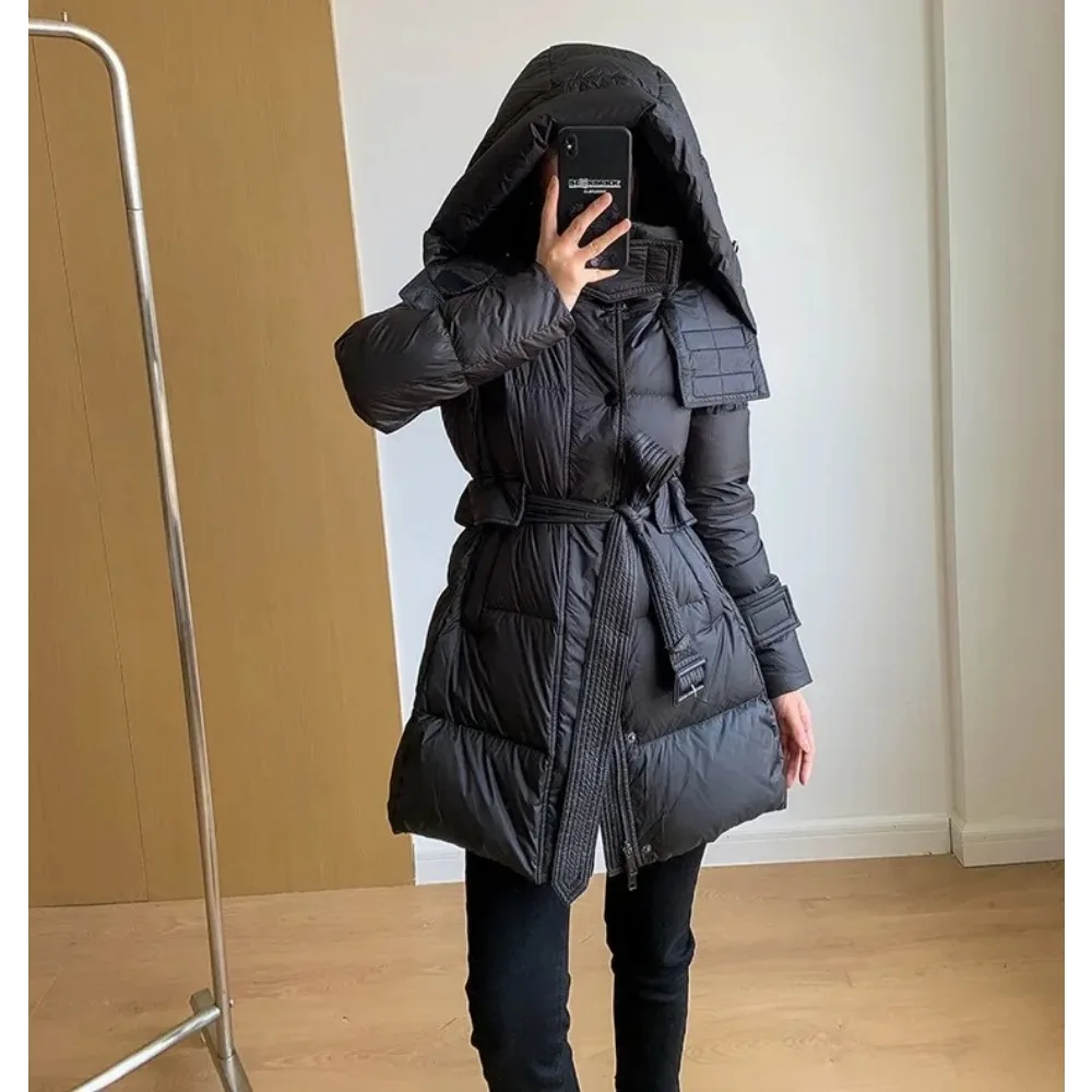 Down Jacket women 2024 New Autumn Winter Coat Women Hooded Long Jacket with Belt Female Thick Warm Loose Down Parka Outerwear