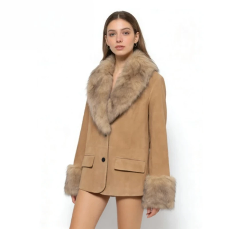 

Women's new fashionable versatile suede leather fur effect blazer