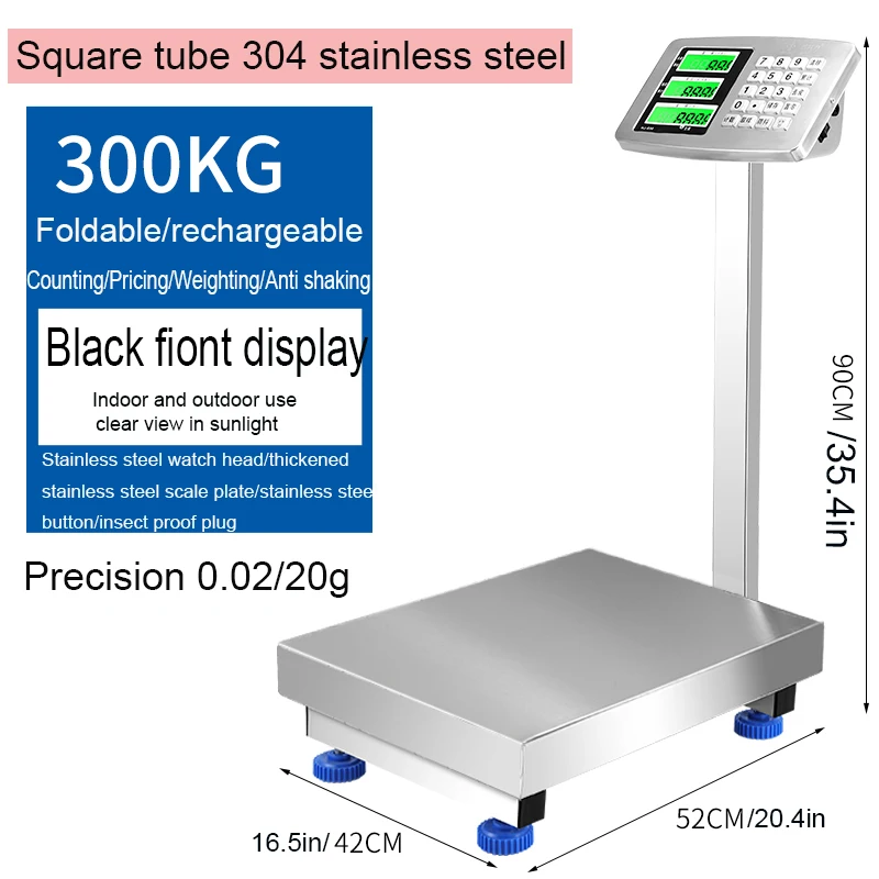 Commercial 300kg Weighing Scale 42X52cm Bench Ccale Electronic Scale Folding Scale Stainless Steel Material Waterproof