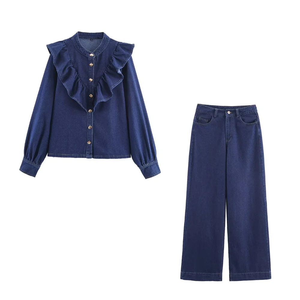 

Осенний новый продукт, женская однобортная рубашка с многослойным украшением, повседневные прямые джинсовые брюки с высокой талией