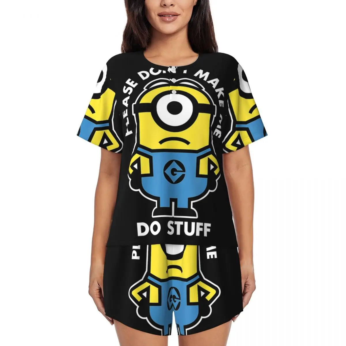 Custom Womens Cartoon Animation Minions Pajamas Set Printed Short Sleeve Sleepwear Loungewear Pjs 2 Piece Sets