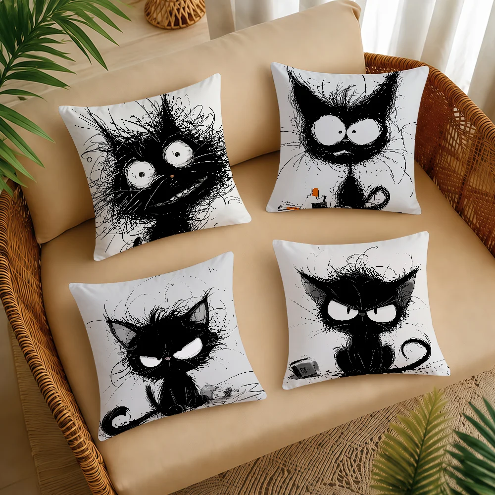 Sketch Fluffy-furred Little Black Cat Cushion Cover Square Decorative Throw Pillow Case Sofa Bed Living Room Anniversary Gifts