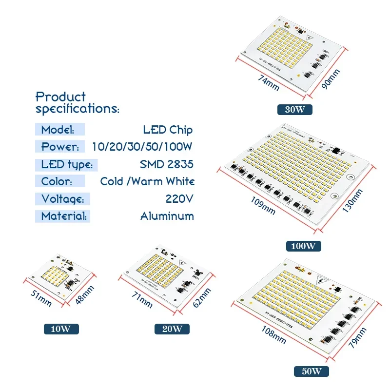 10Pcs LED Lamp Chips AC 220V SMD Bulb 2835 Smart IC Led Light Input 10W 20W 30W 50W 100W for Outdoor FloodLight DIY Lighting