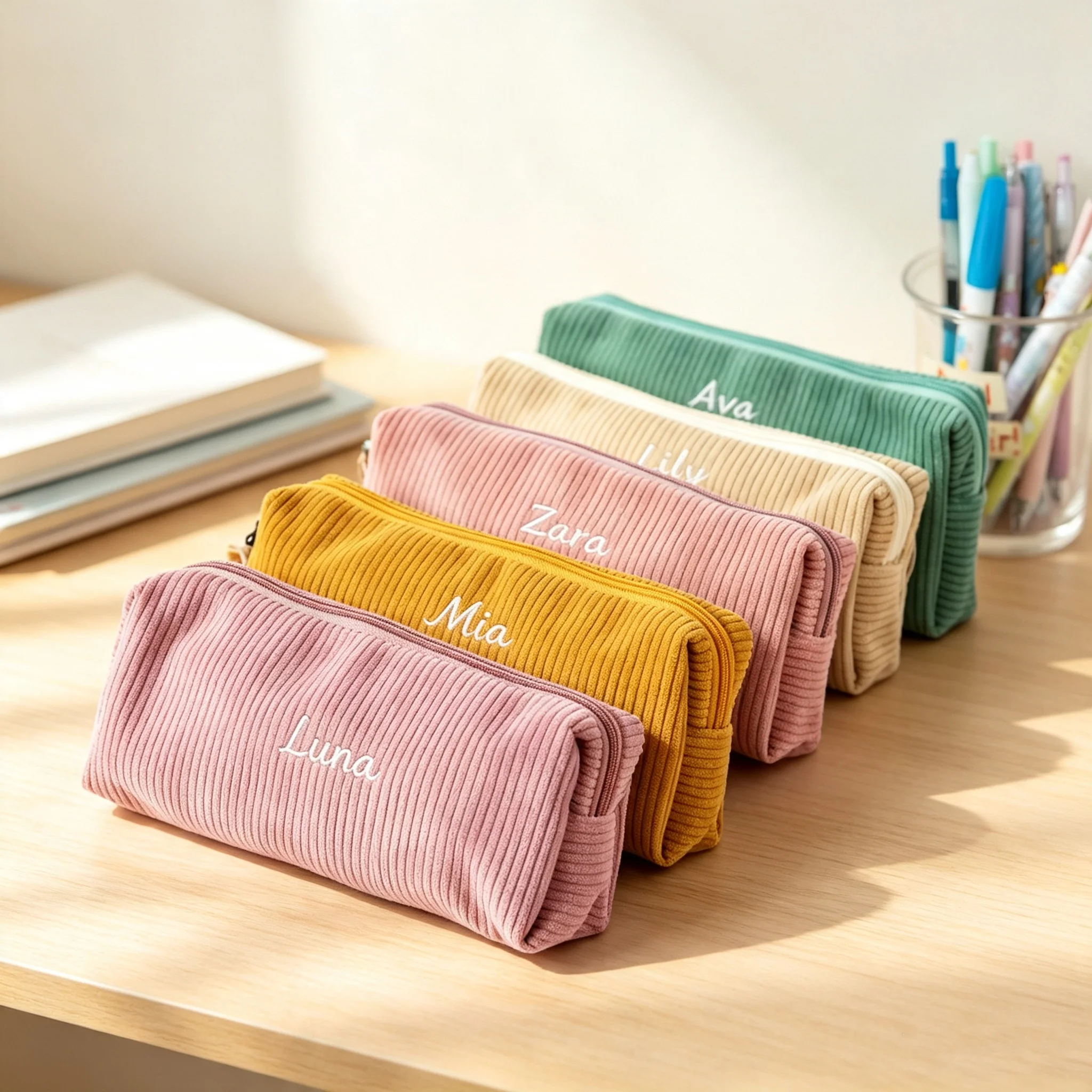 Personalized Embroidered Corduroy Pencil Pouch, Solid Color Vintage Pen Case, Student Stationery Storage Bag