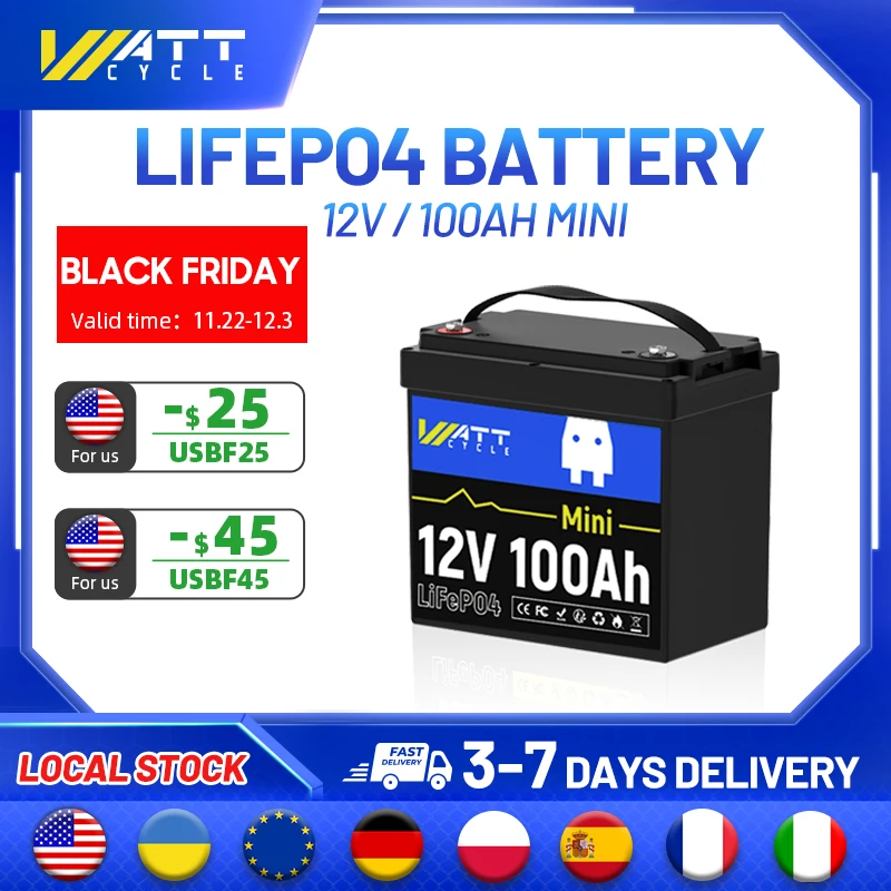 Wattcycle LiFePO4 Lithium Battery 12V 100Ah Mini Built-in 100A BMS Safer Durable Outdoor Power Supply For RV/ Trolling Motor