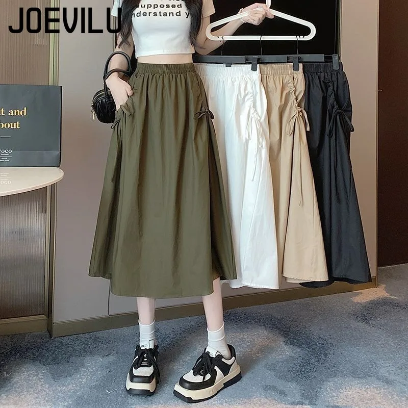 

New Summer Versatile Solid Color Bustier Women's Tie Drawstring Pockets Mid-length Versatile Work A-line Skirt Women's Clothing