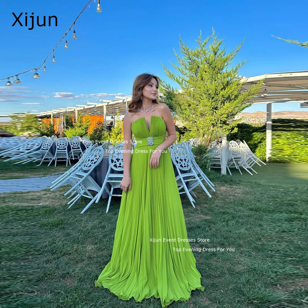 Xijun Green Chiffon Elegant Prom Dresses Sleeveless A-Line Ruched Evening Dresses Maxi Crystal Saudi Arabric Prom Gowns 2025