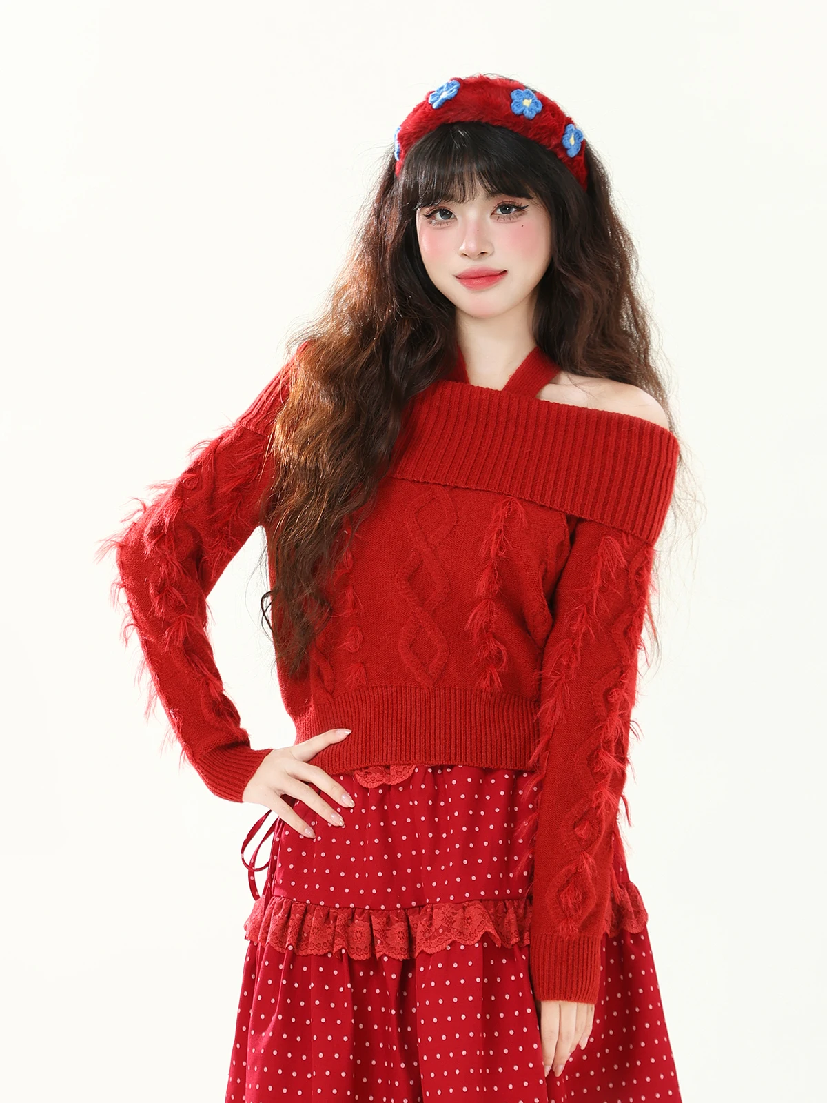 

ENJOG New Year Red Tassel One oulder Knitted Slim Fit Women's Sweater Sweet And Spicy Sle Casual Faion Autumn Winter Top