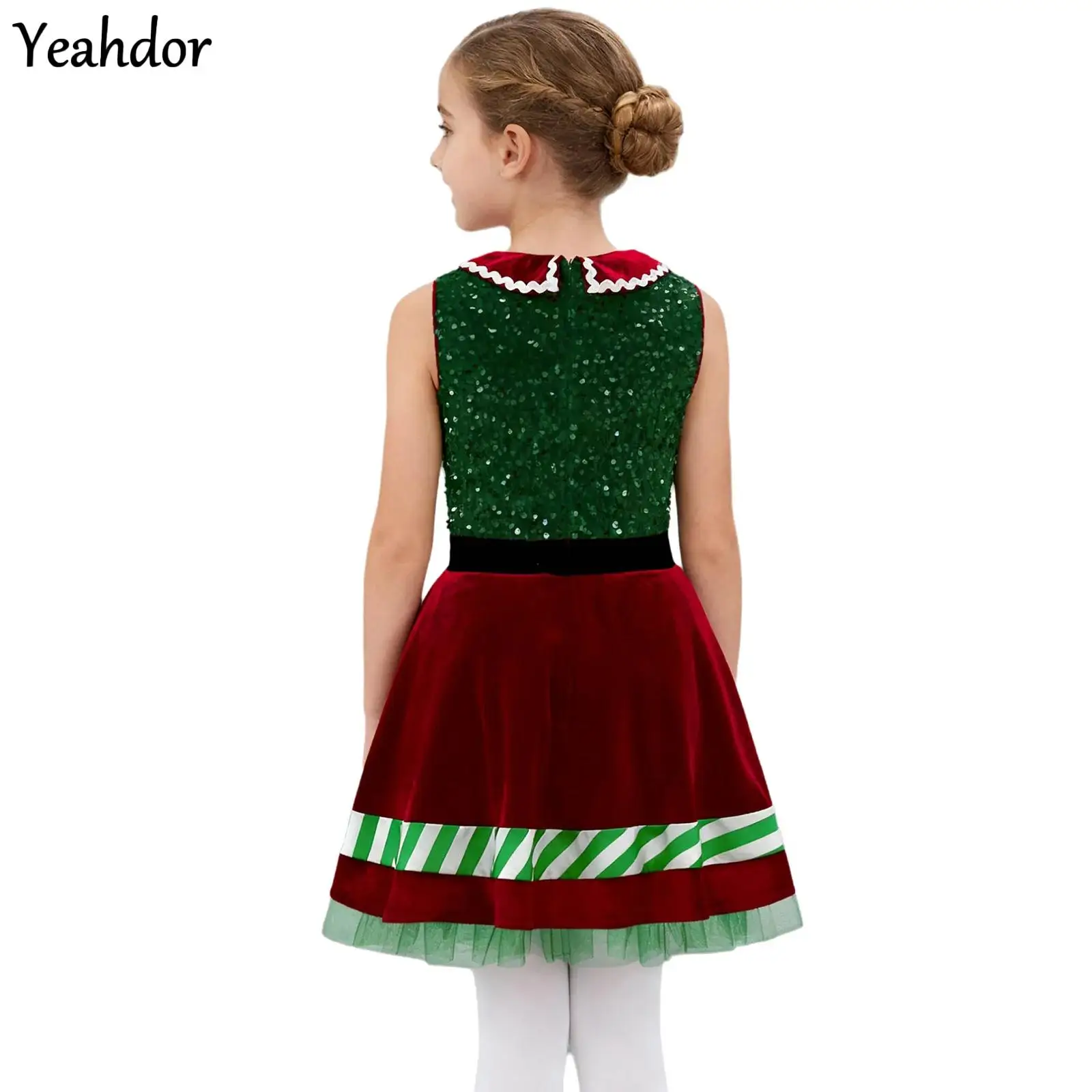 

Girls Christmas Candy Cane Ballet Tutu Dress Sleeveless Sequin Figure Skating Leotard Festive Xmas Elf Dress Santa Claus Costume