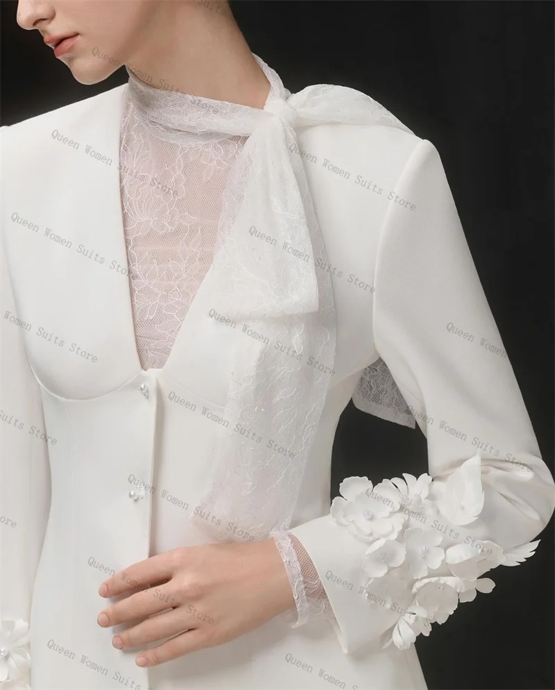 White Women Suit Set 2 Piece Blazer+Pants Trousers Cotton Formal Office Lady Jacket 3D Flower Wedding Tuxedos Coat Customized