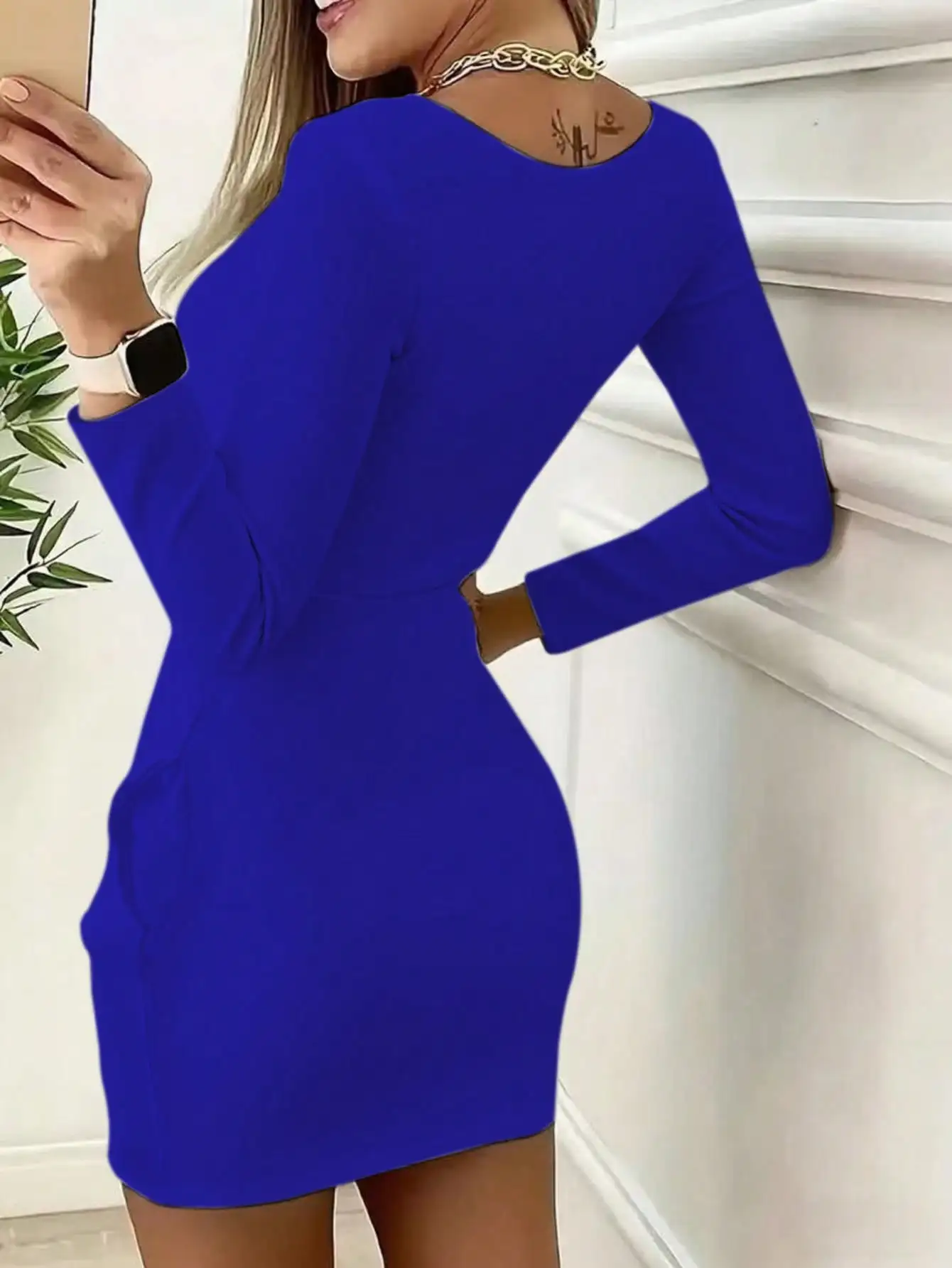 2026 Damen Freizeitkleid, elegant, einfarbig, Rundhals, mit Bärenmuster, Reißverschluss, langärmlig, kurzer Rock, ideal für den Alltag und Reisen – Detail 14