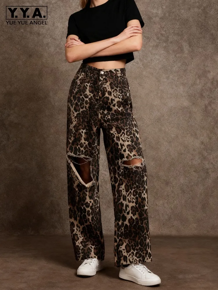 

Harajuku Women Casual Leopard Printed Hole Ripped Denim Pants High Waist Loose Fit Jeans Fashion Streetwear Long Wide Leg Pants