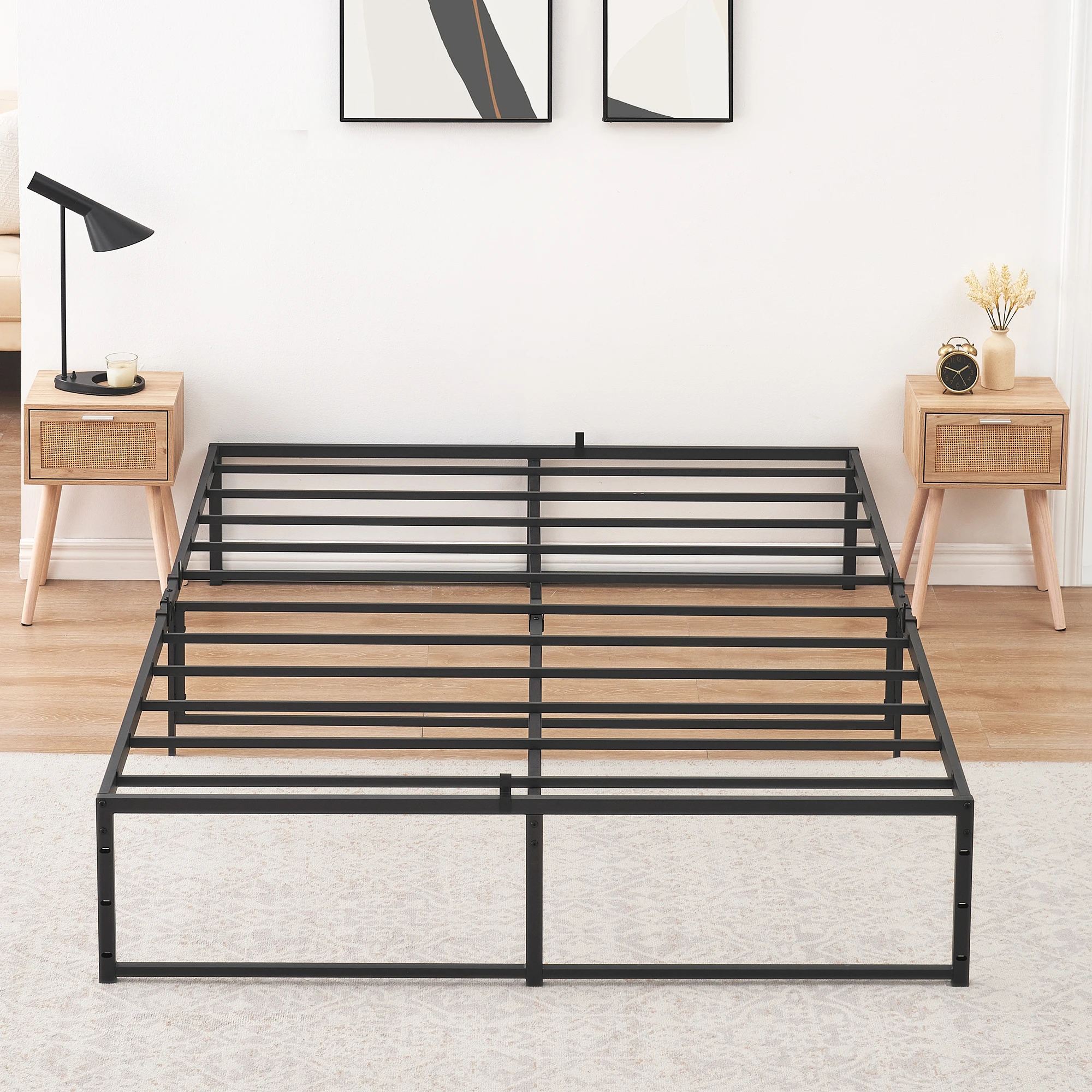 Metal and Wood Bed Frame with Headboard and Footboard Full Queen King Size Platform Metal Slat Support No Box Spring Needed