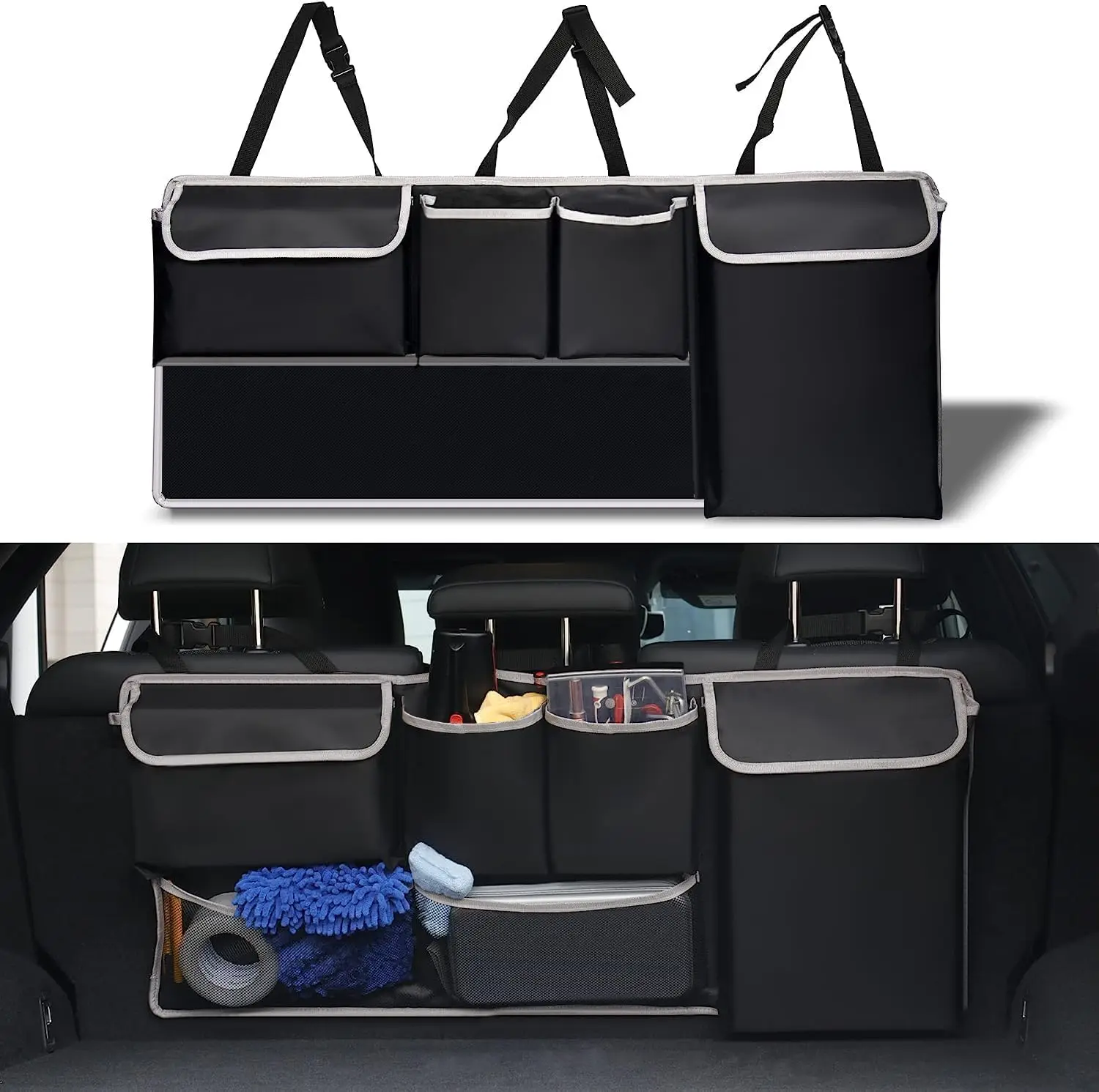 

Car Trunk Organizer with 4 Pockets & 2 Mesh Pouches, Backseat Bag for SUV Jeep MPVs Storage Space