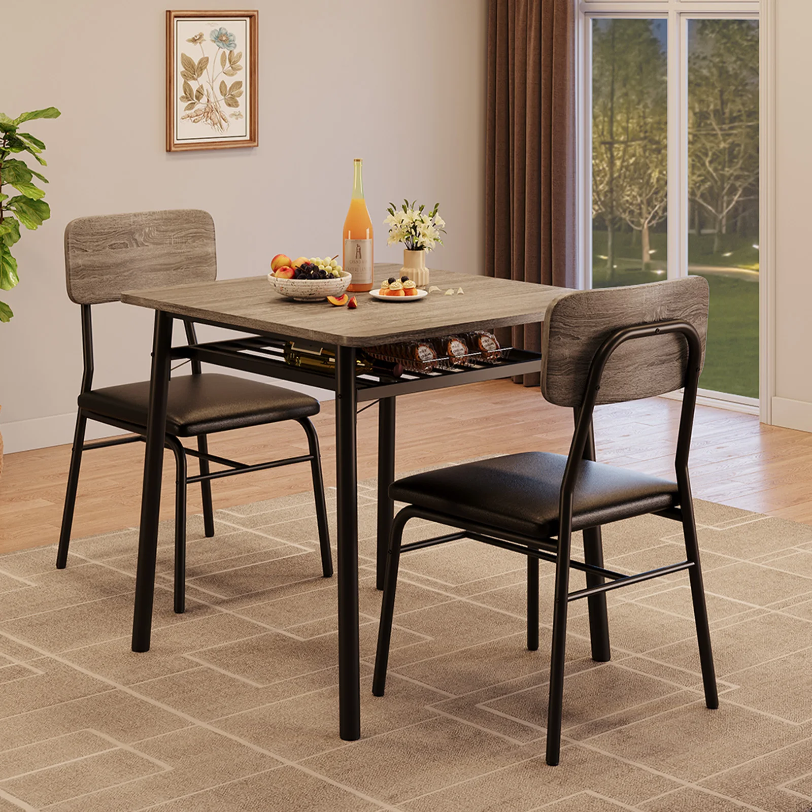 Tavolo da Pranzo per 2 con Ripiano Portaoggetti, Tavolo da Cucina Piccolo per 2 con Struttura in Metallo, Tavolo Quadrato con Set di 2 Sedie Imbottite