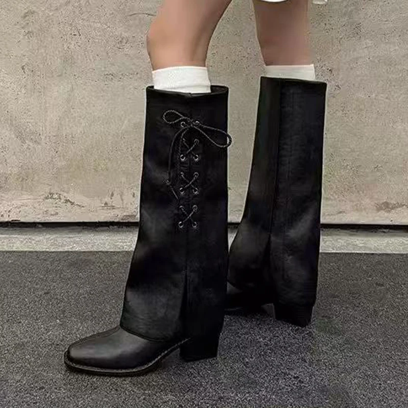 

New High Boots Women High Heels Shoes Designer Dress Long Boots Woman 2025 Winter Chunky Leather Shoes Lace Up Snow Botas Mujer