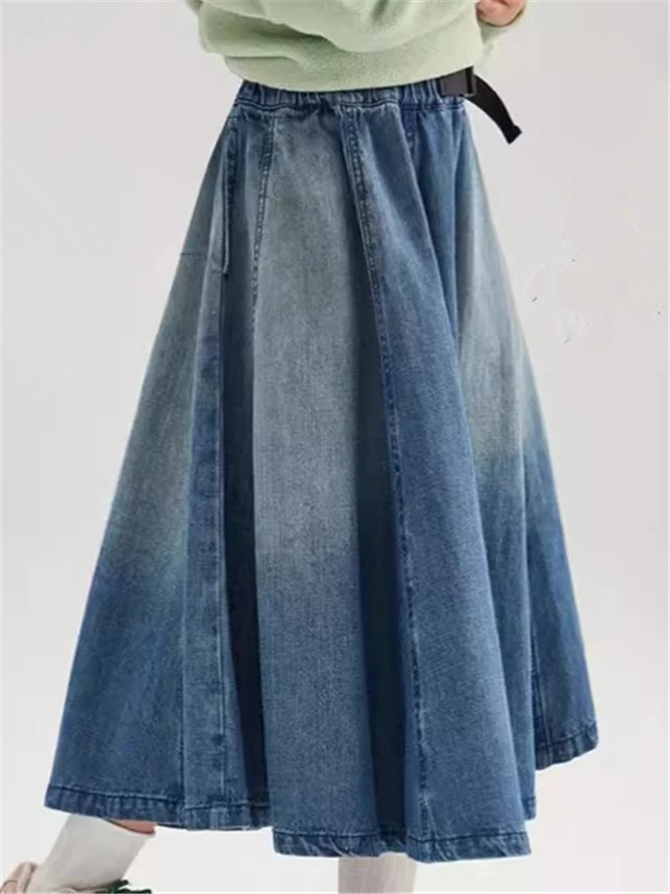 Jupe longue en jean classique pour enfants, taille élastique, style vintage bleu, pour adolescentes, tenue décontractée d'été