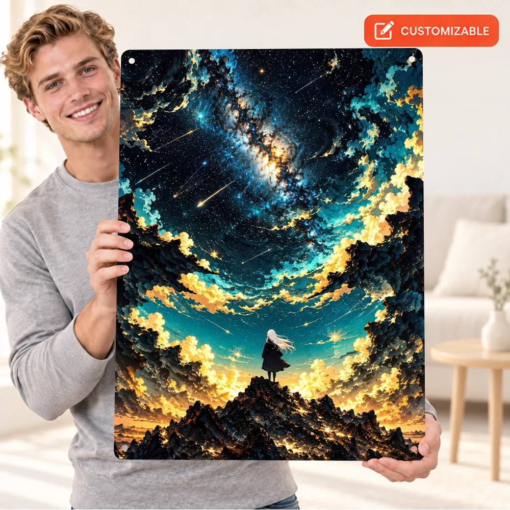 Girl Standing Under Cosmic Sky Aluminum Poster Personalized Metal Sign Starry Vortex Mountain Silhouette Wall Art For Bedroom