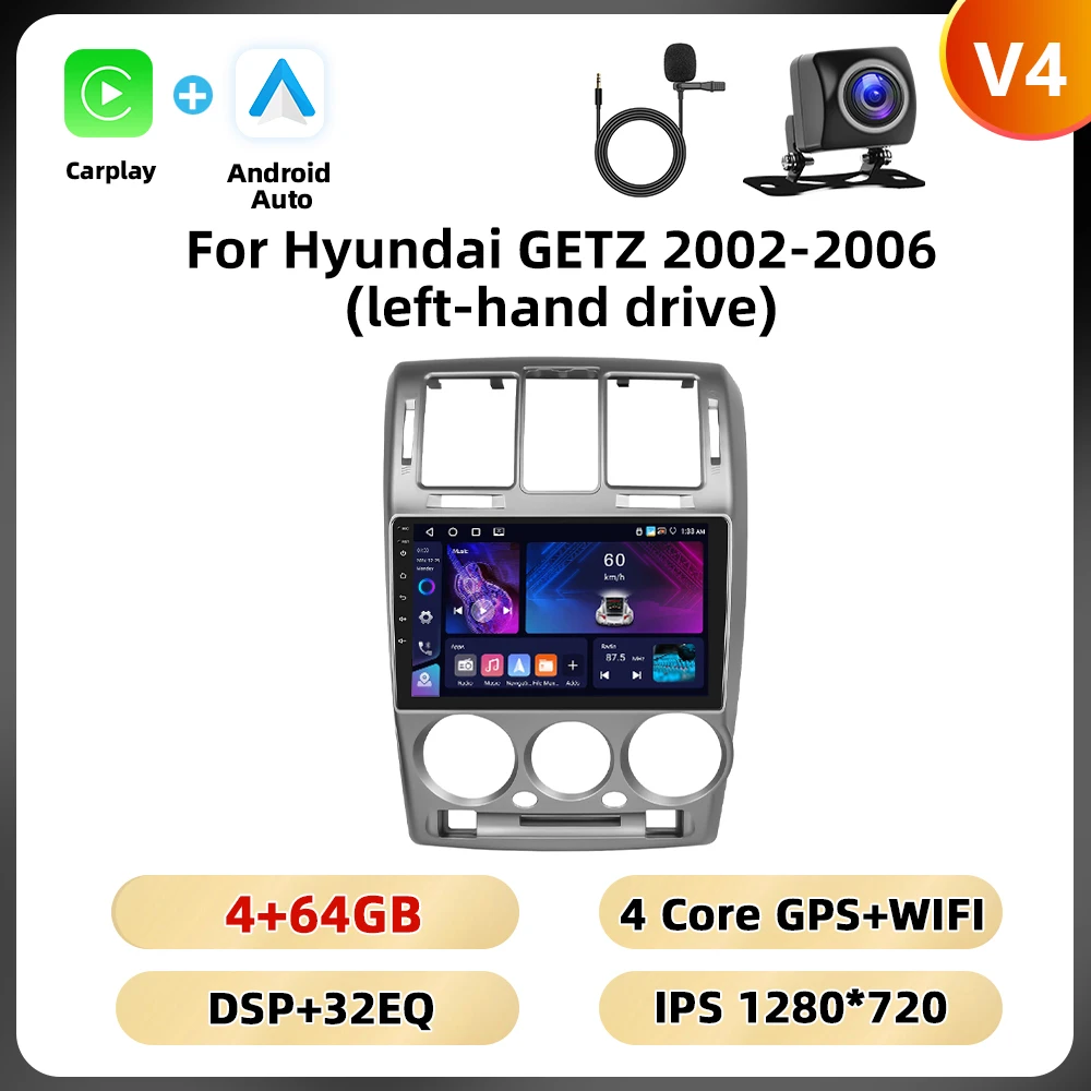 Podofo Android 9 ''Autoradio Voor Hyundai Getz 2002-2006 Multimediaspeler Spiegel Link 8 128G Carplay Android Auto Gps Wifi 4G