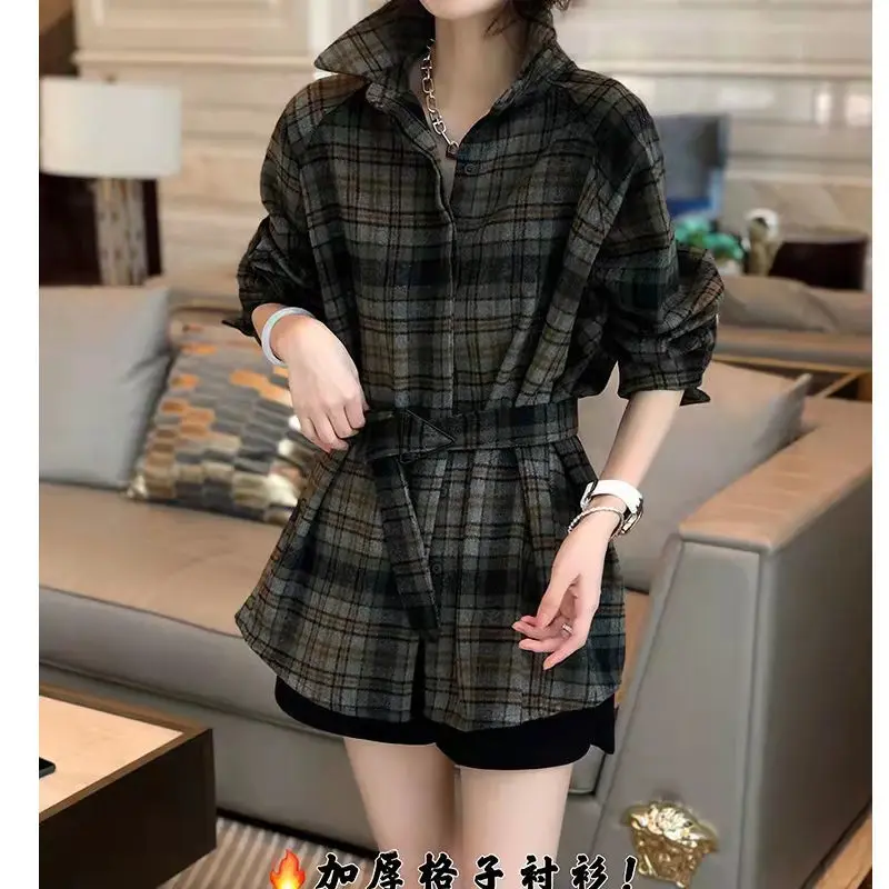 Spring Autumn Commute Fashion Button Plaid Shirt Korean All-match Turn-down Collar Bandage Thick Blouse Women\'s Clothing 2024