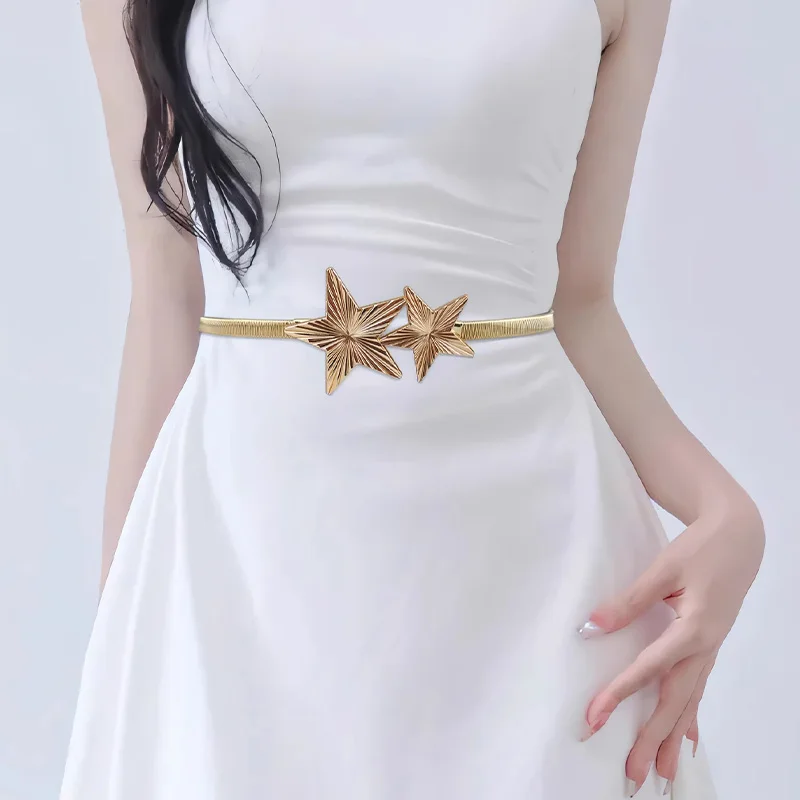 موضة مرونة الخصر حزام على شكل سلسلة الإناث الخصر نجوم أحزمة معدنية للنساء جودة عالية فاخرة مصمم الذهبي رقيقة تمتد ريم