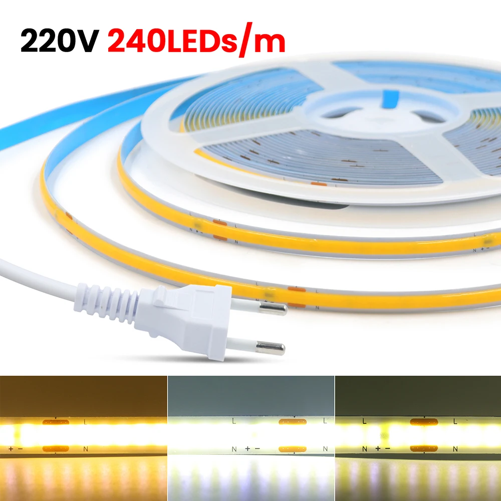 220V 110V COB LED Strip Light 2pin Wire Power Kit with IC Driver 3000k 4000k 6000k IP20 8mm PCB 240LEDs Flexible Linear Lighting