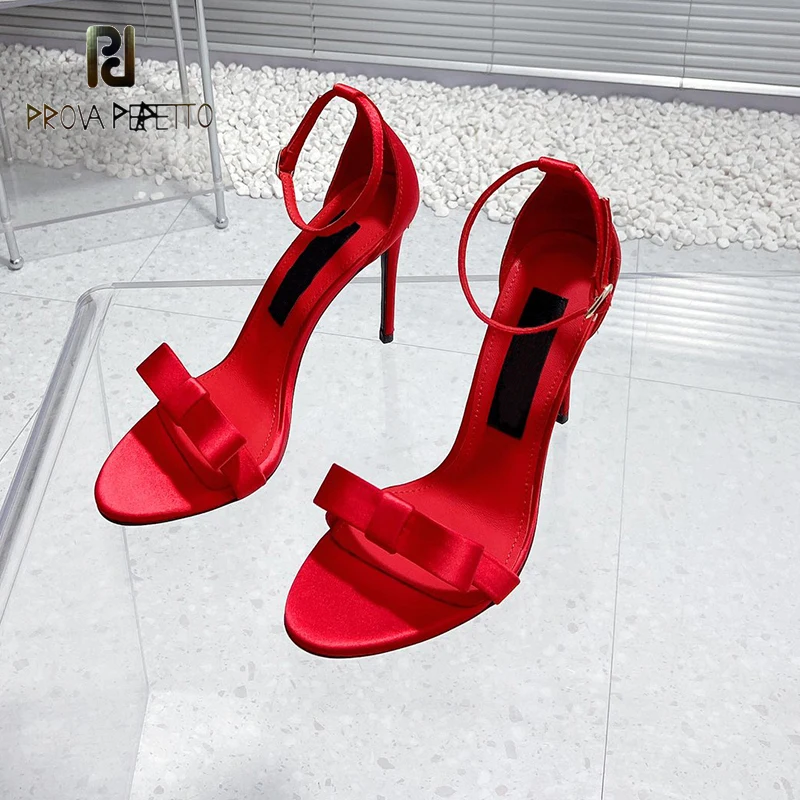 

Sexy Real Leather Satin High Heel Summer Sandal Shoe Bowtie Butterfly One Word Strap Ankle Buckle Stiletto Party Sapatos Mujer