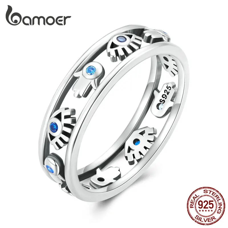 Bamoer 925 Sterling Silver Vintage Blue Fatima Hand Hollow Rings For Women Devil's Eye Zircon Ring Special Fine Jewelry Gift