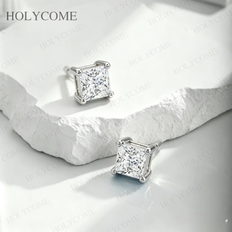 Moissanit-Diamant-Ohrringe, Princess-Schliff, D-Farbe, VVS1, 925 Sterling Silber Ohrstecker für Damen, Modeschmuck Geschenk – Detail 9