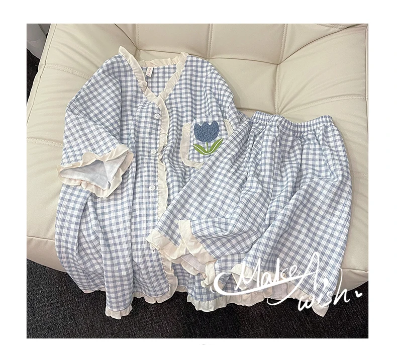 DAIMELU ins wind pure cotton pajamas women's fattened plus size fat mm summer blue plaid flower short-sleeved loungewear set