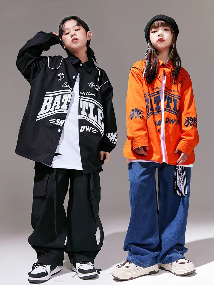 Hip hop meninas legal camisa solta jeans meninos jazz jaqueta calças de carga crianças streetwear trajes crianças conjuntos roupas dança rua