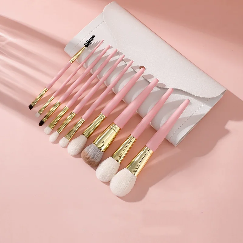 10 Uds. Brochas de maquillaje rosas, brocha para sombra de ojos, brochas para colorete, base líquida, crema BB, brochas de pelo de cabra, bolsa de brochas de maquillaje, herramientas cosméticas