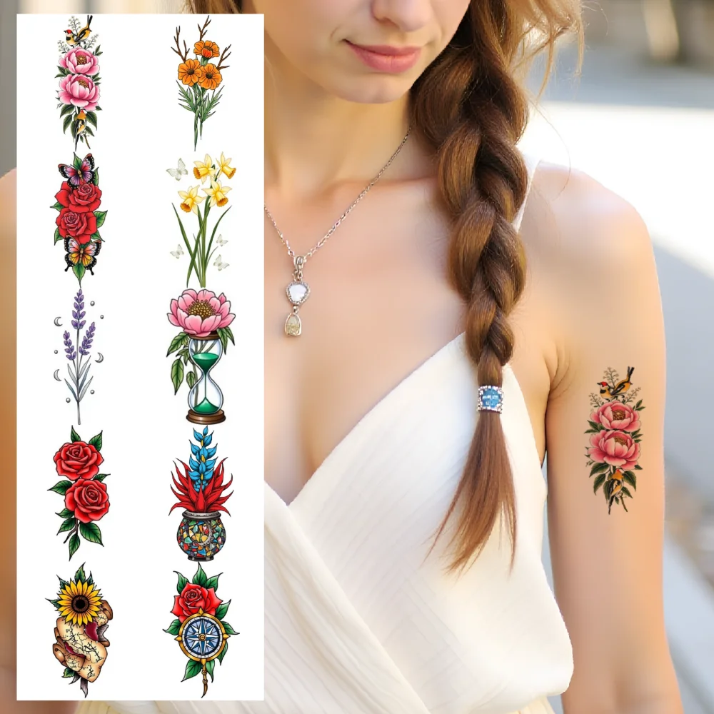 28pcs Temporary Tattoo New School Traditional Daffodils Butterflies Daisies For Women Adults Chest