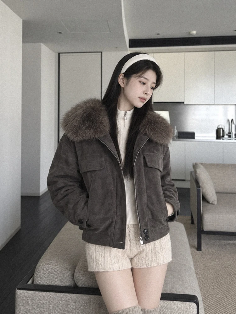 Winter Detachable Big Fur Collar Down Jacket Female Suede Double Zipper Short Jacket Women White Duck Down Warm Parker Outwears