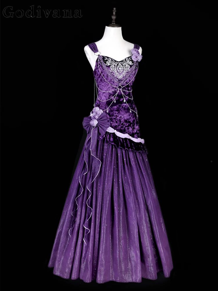 

Autumn Winter Lolita Elegant Purple Velvet Fishtail Dress V-neck Three-dimensional Flower High Waist Party Suspender Dresses