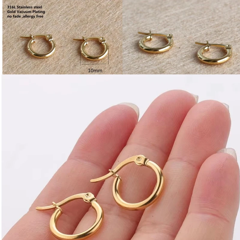 Rose Gold-color Plated Titanium 10mm Hoop Earrings 316 L Stainless Steel No Easy Fade Allergy Free