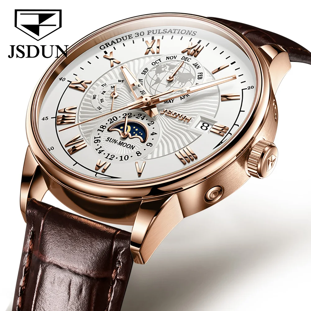 JSDUN 8909 orologio automatico per uomo orologio da uomo in pelle Business fasi lunari orologi da uomo multifunzionali impermeabili in acciaio inossidabile