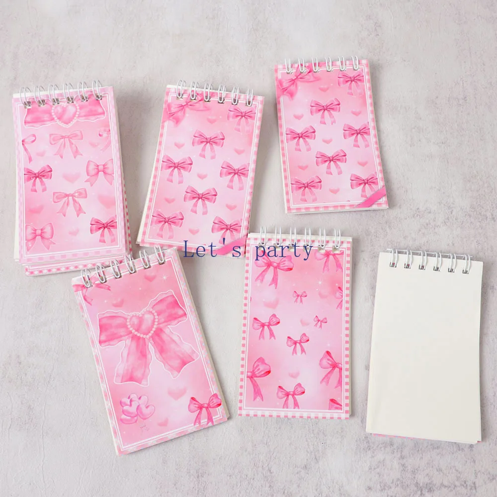 10Pcs Sweet Pink Bow theme Portable Coil Notebook Mini Notepad for Kids Girl Birthday Party Favors Pinata Back To School Gift