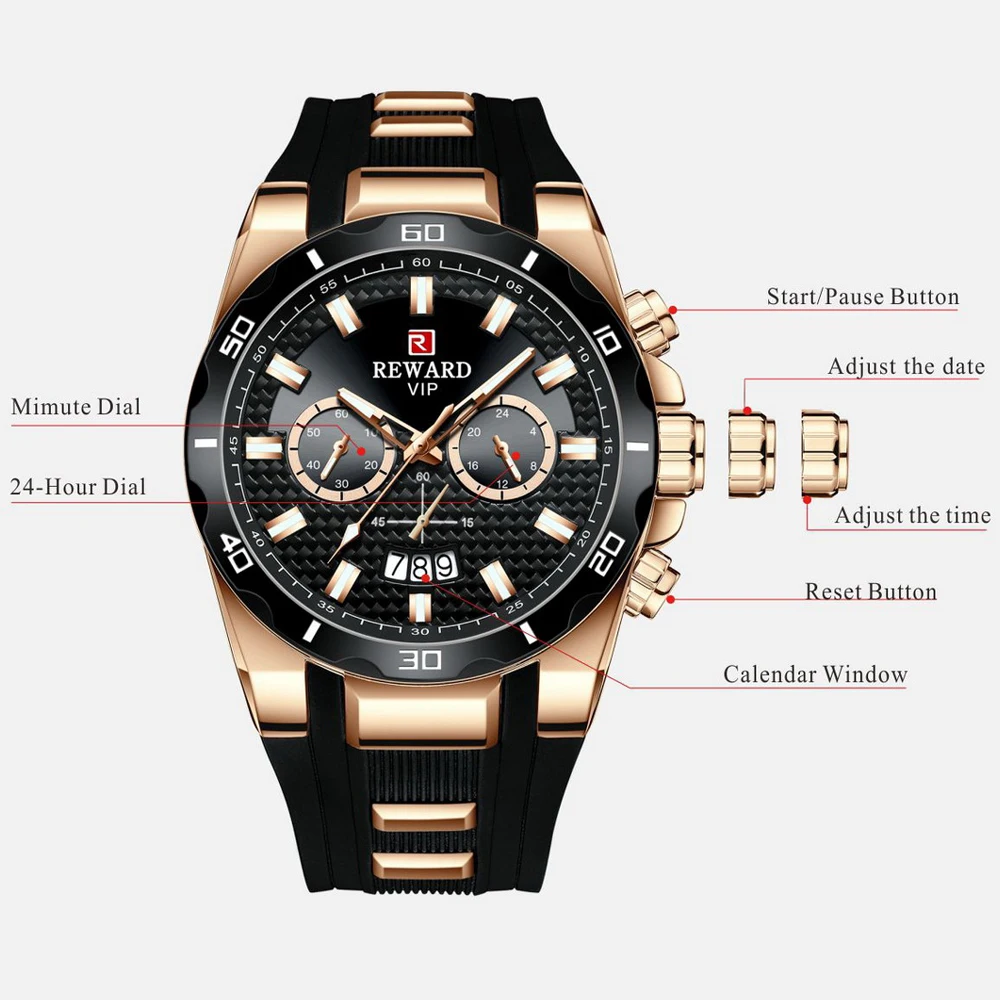 REWARD Chronograph Quartz Watch for Men Luxury Brand Big Dial Military Sport Wristwatch Waterproof Silicone Strap Male Clock